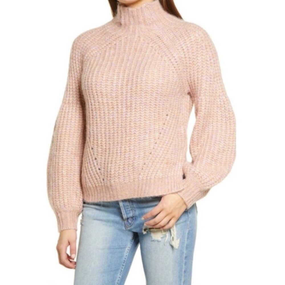 New All In Favor Mauve Knit Mock Neck Wool Blend  Puff Sleeve Sweater